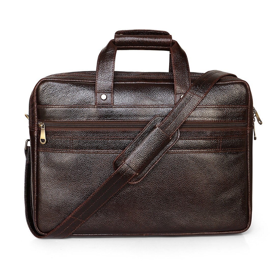 Luxury brown full-grain calfskin leather briefcase with laptop & shoulder strap