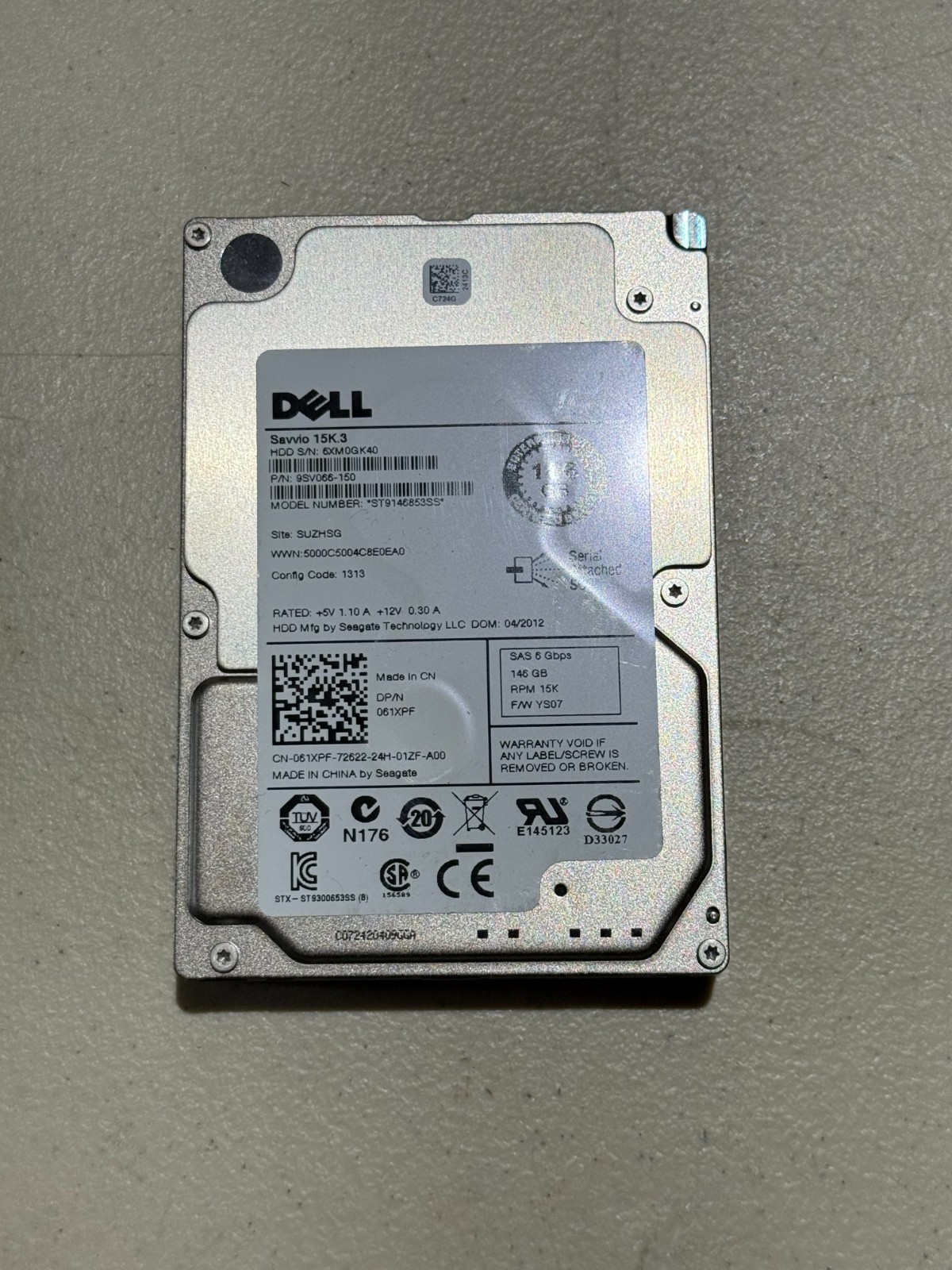 61XPF ST9146853SS Dell SAVVIO 15K.3 146GB 15000RPM 6Gb/s 2.5" SAS HDD Hard Drive