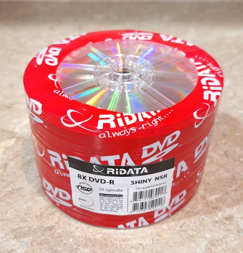 50 Pack RIDATA Blank DVD-R 8x Shiny NSR No Logos Non Stacking Ring Printable