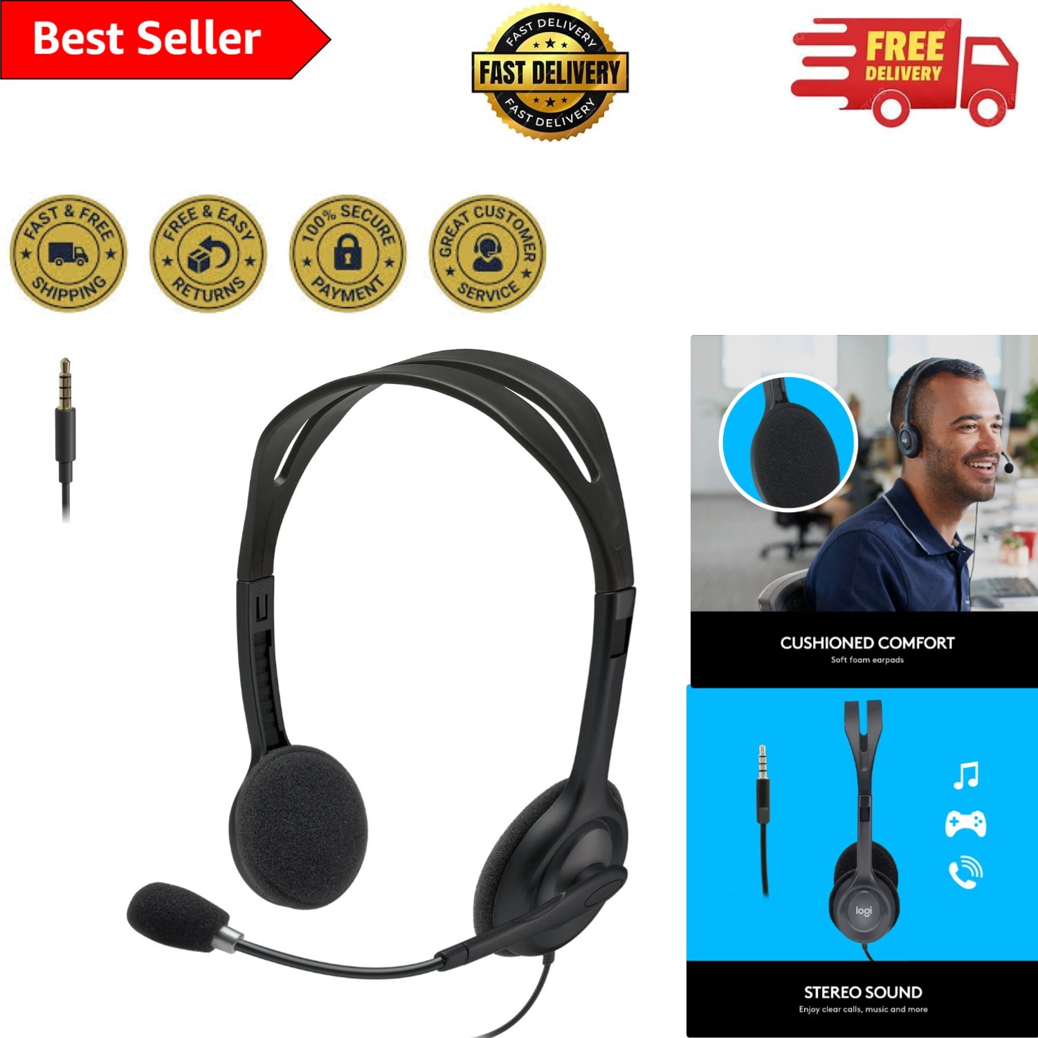 H111 Wired Headset: Noise-Cancelling Stereo Headphones for Clear Calls - Black