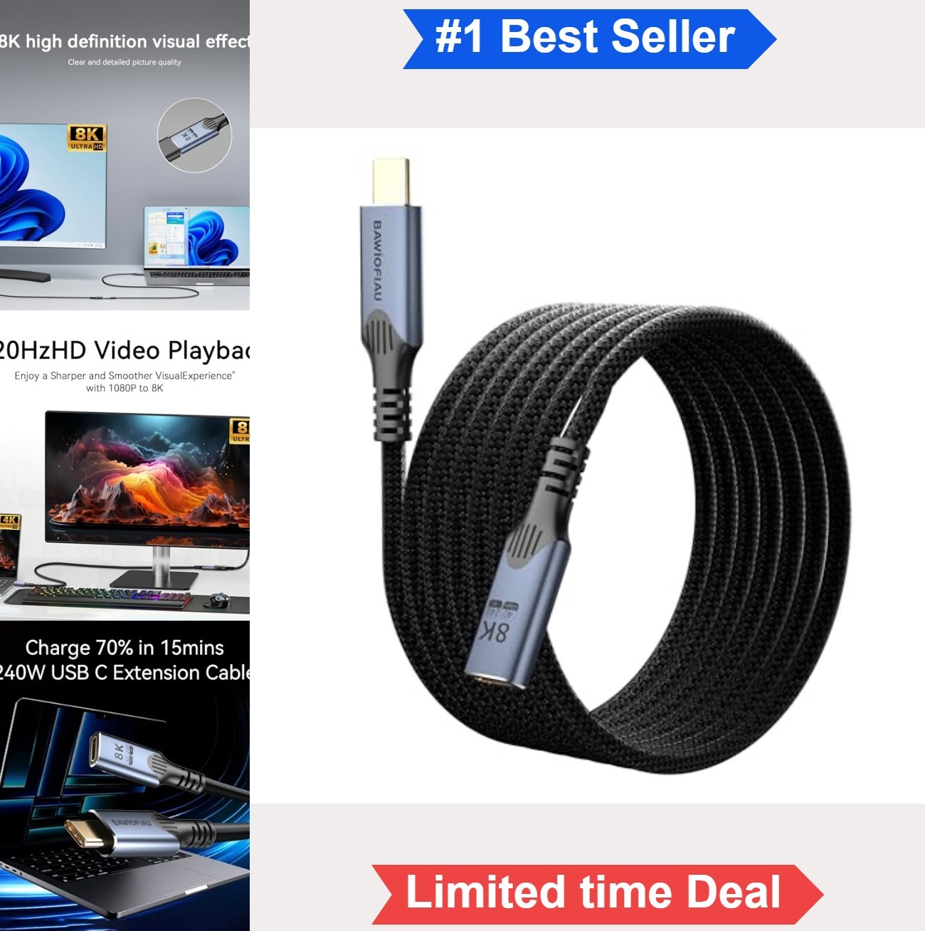 USB C Extension Cable 10 FT 40Gbps 240W 8K 60Hz Male to Female USB4 Charging