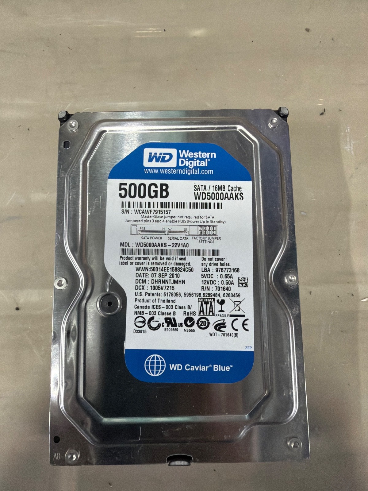WESTERN DIGITAL WD CAVIAR BLUE 500GB SATA WD5000AAKS WORKING - PREOWNED