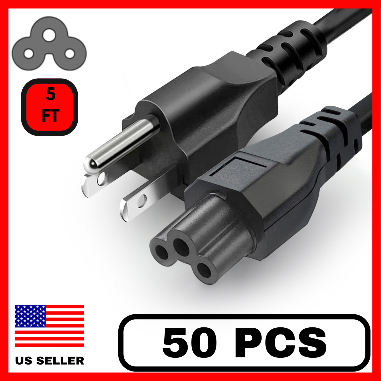 50 Pack 5Ft 3 Prong Plug Mickey Mouse Power Cable US Plug 10a 125v 18AWG