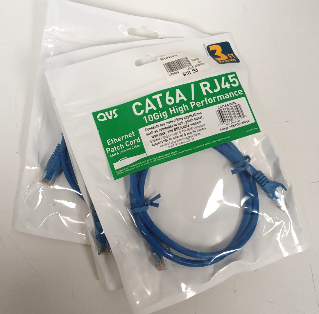 Set of 3 QVS CAT6A/RJ45 10Gig high Performance Ethernet Patch Cord, 3ft Blue