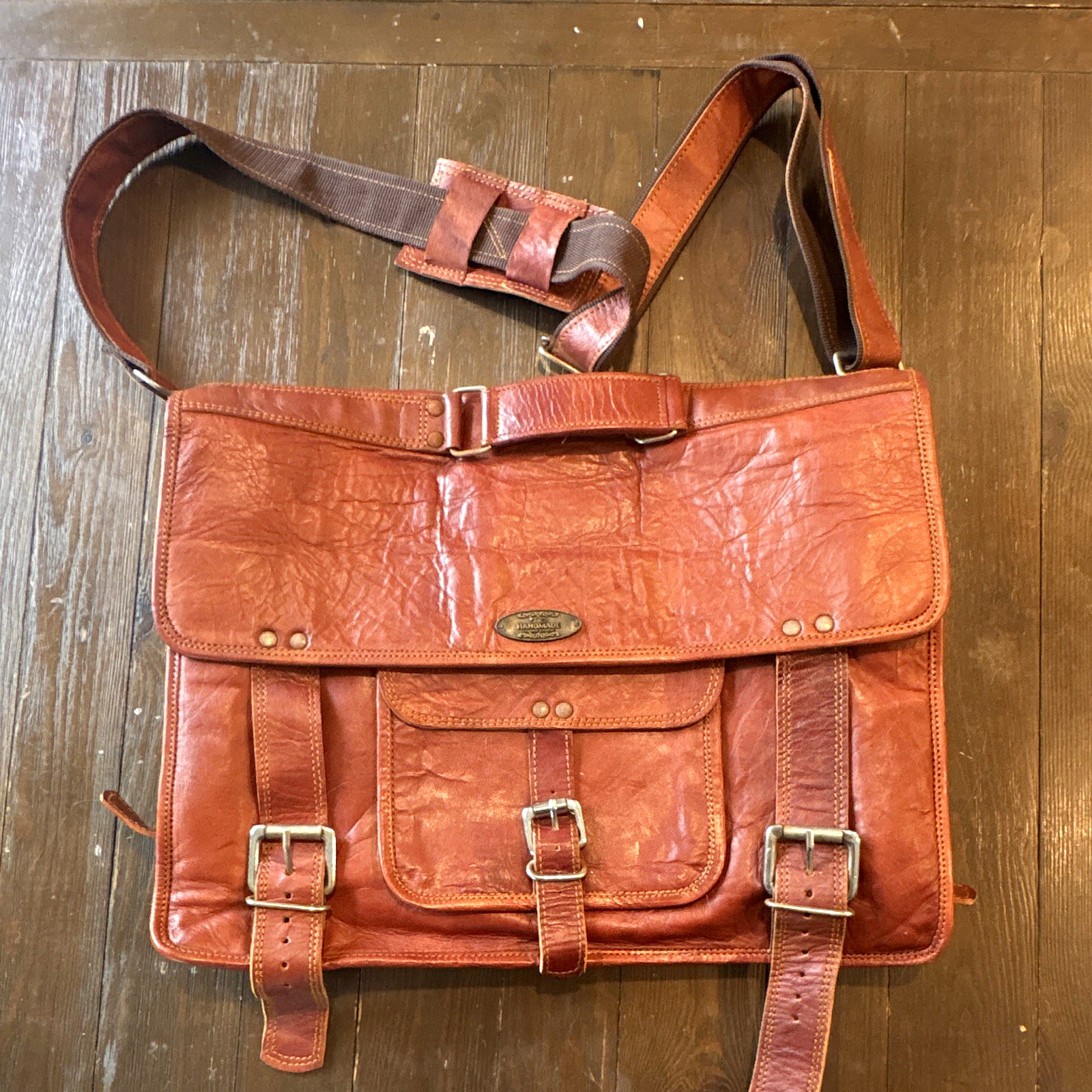 Chic Handmade Original Leather Brown Briefcase for 15in Laptop Adjustable Strap