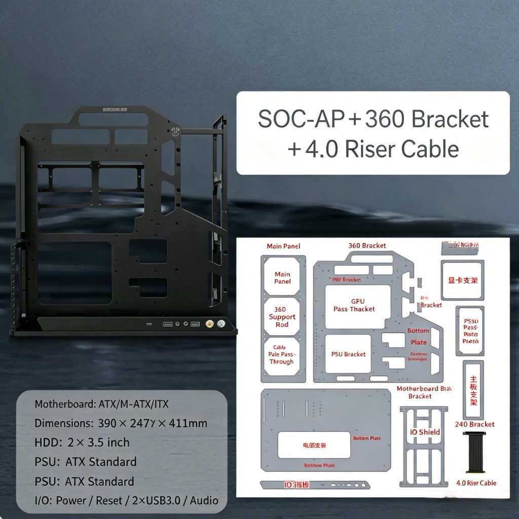 SOCOOLAR  Black Open Air ATX PC Case with 360 Radiator Bracket PCIe 4.0 Riser