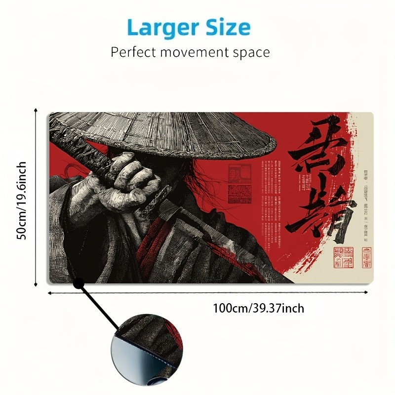 1pc Large Size Esports Gaming Mouse Pad, Samurai with Sword Red Black Retro Il