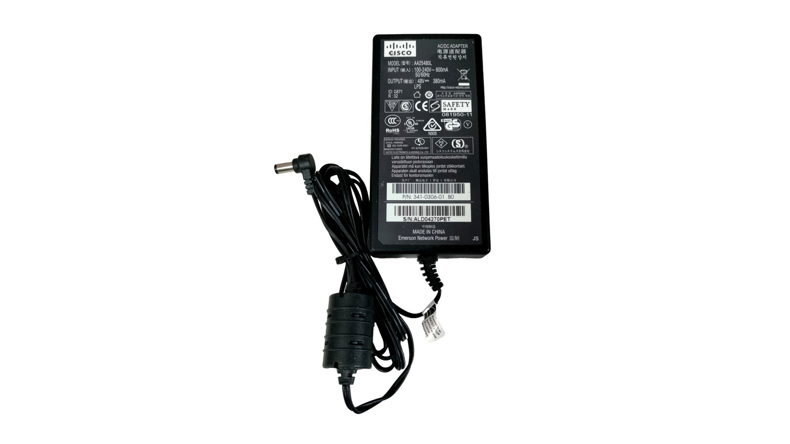 Cisco Systems 48V 380mA AC Power Supply Adapter Brick AA25480L 341-0306-01 B0