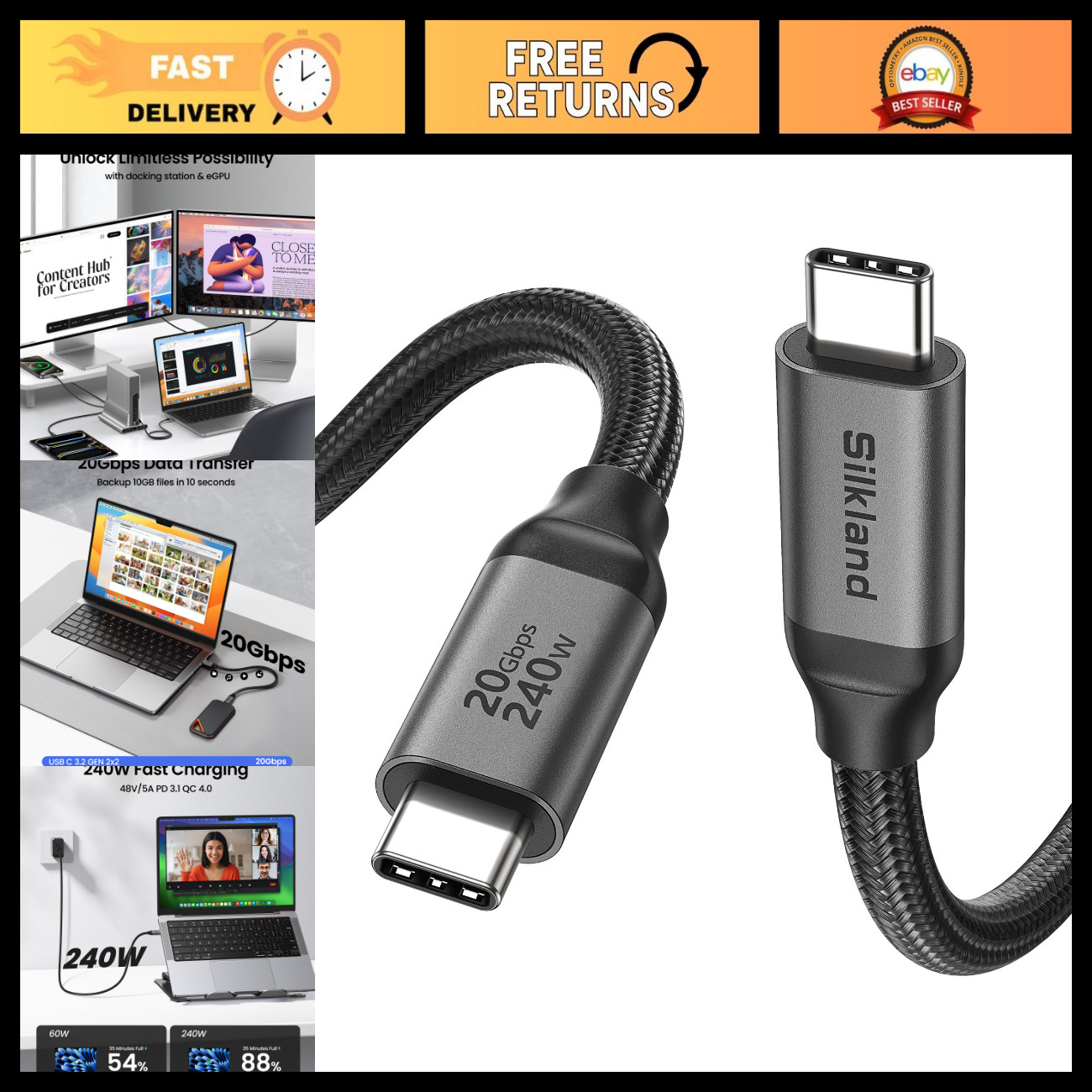 15FT USB C Display Cable, 8K@30Hz, 4K@144Hz/120Hz, High-Speed Monitor Connector