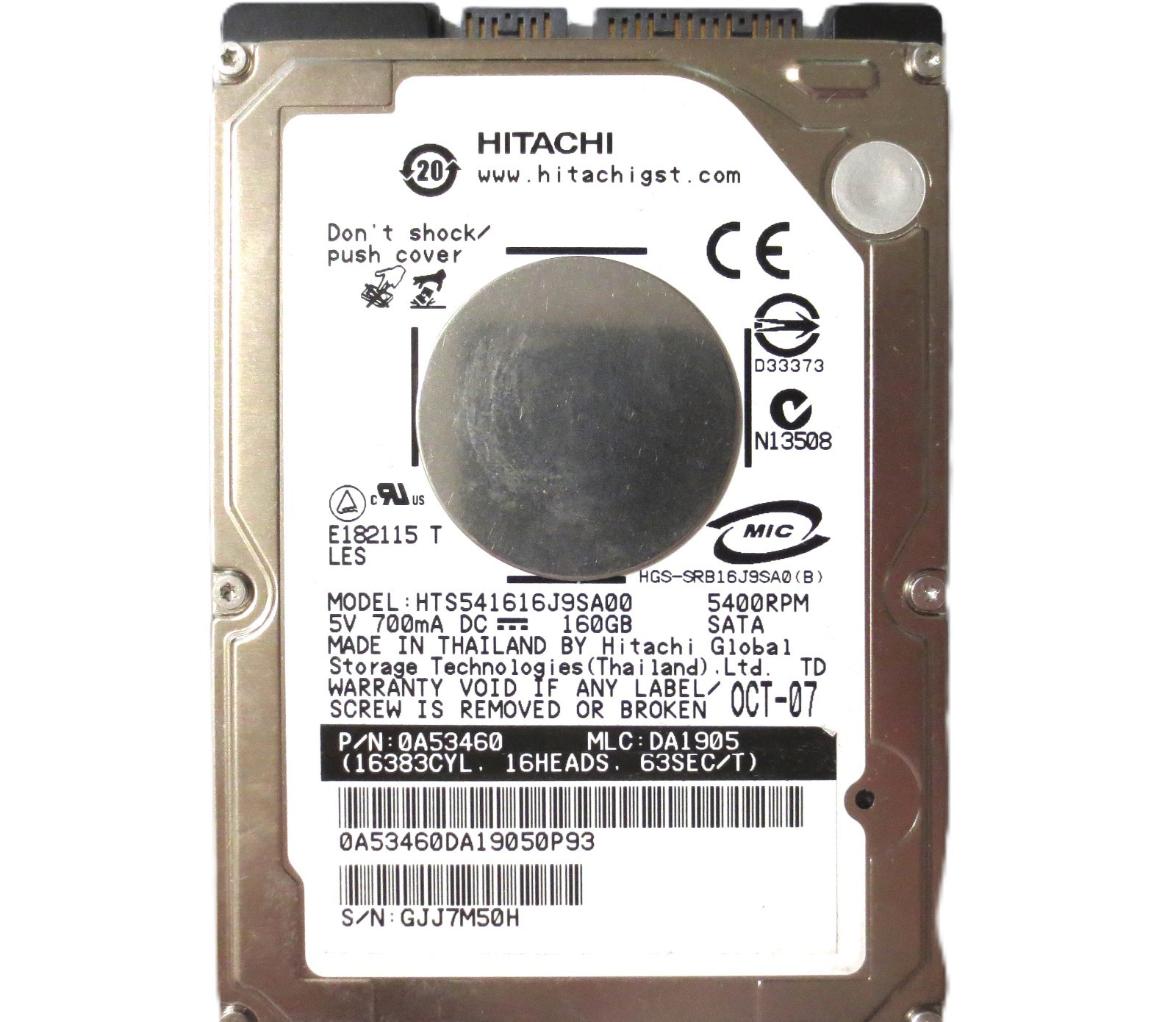 Hitachi HTS541616J9SA00 0A53460 DA1905 (GJJ) Thailand 160gb Sata 2.5" HDD OCT-07
