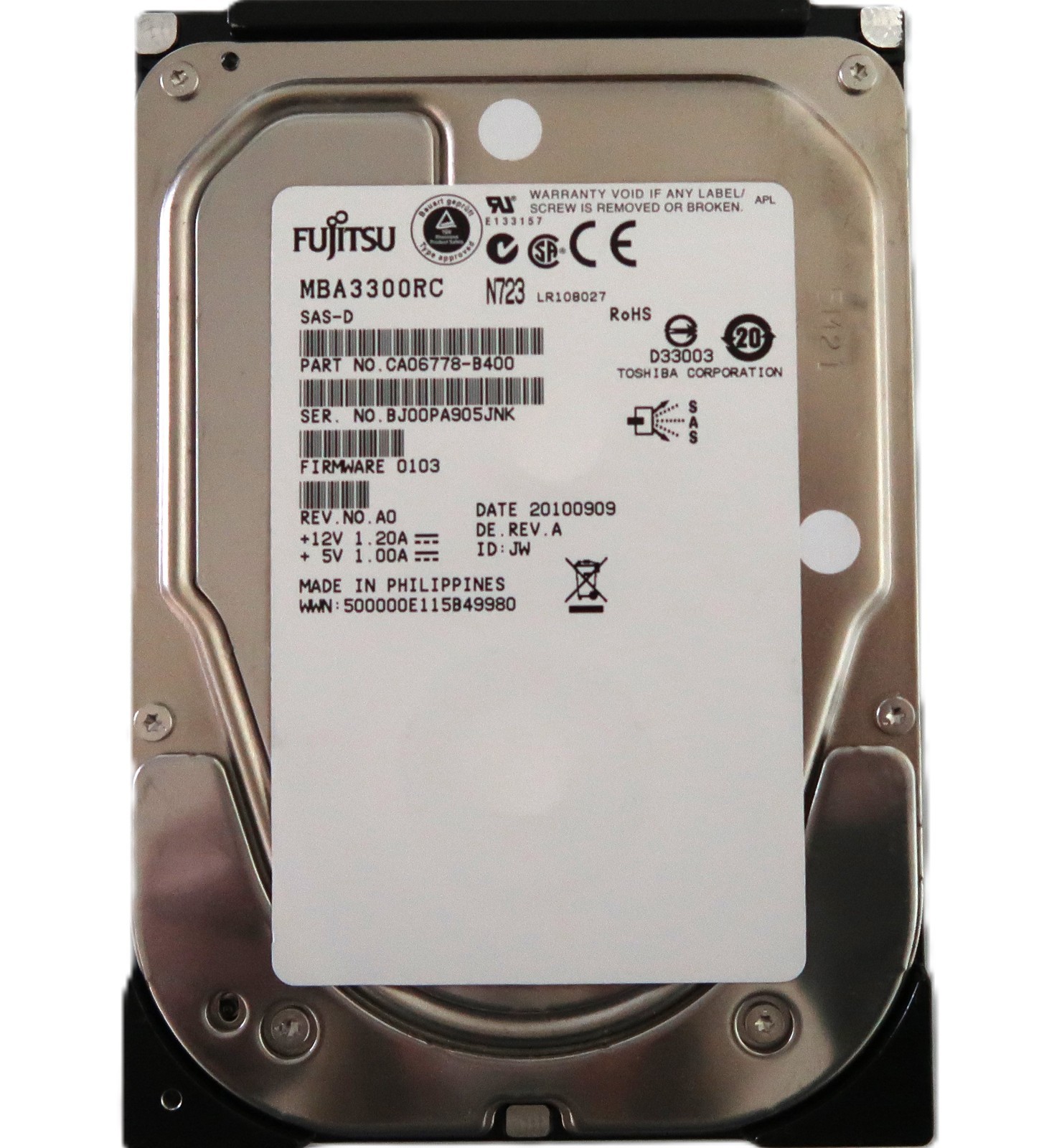 Fujitsu MBA3300RC CA06778-B400 0103 15K 16MB 3Gb/s 3.5" 300gb SAS hard drive
