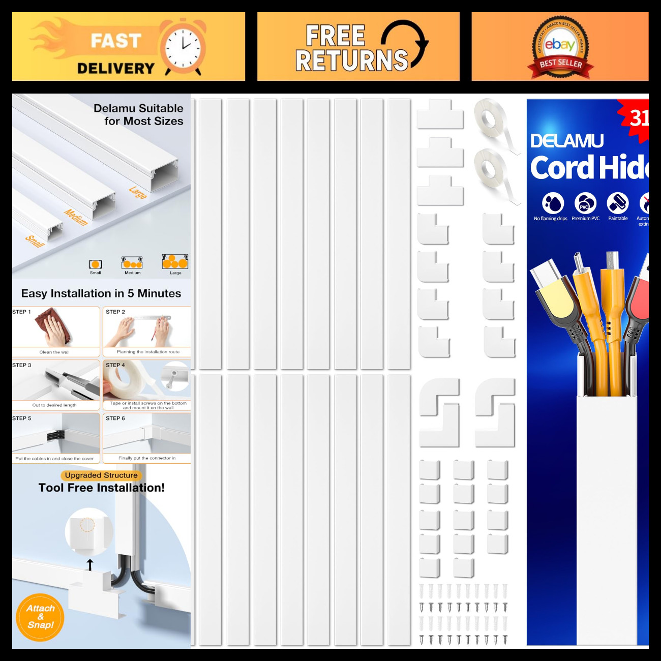 315in Cable Management Kit - Wall Cord Hider for 3-4 Wires, Large White Covers