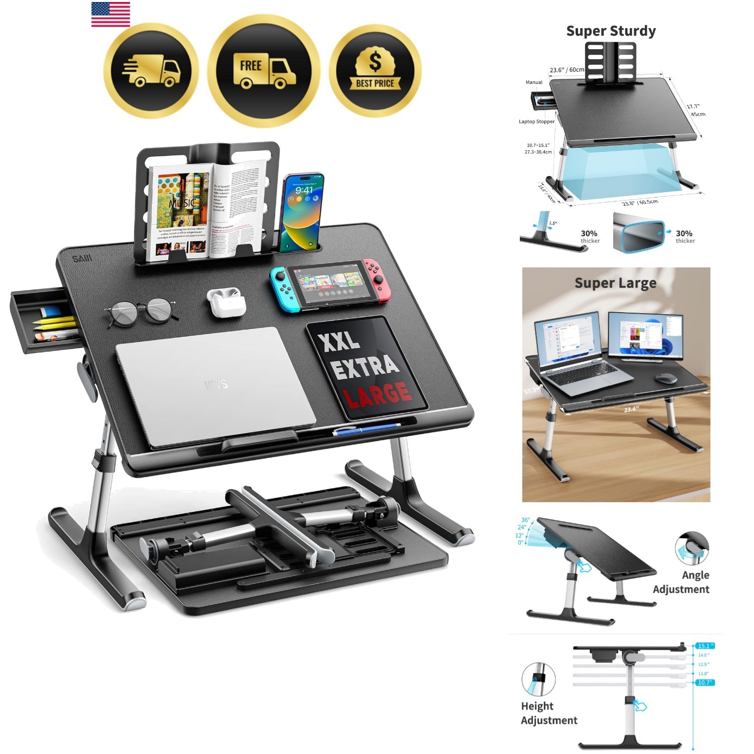 Laptop Bed Tray Desk, X-Large Adjustable Laptop Table, Foldable Laptop Desk w...