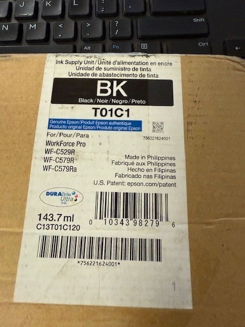 Epson BK T01C1 C13T01C120 Black  143.7 ml Exp: 07-2029, OPEN BOX, SEALED BAG.