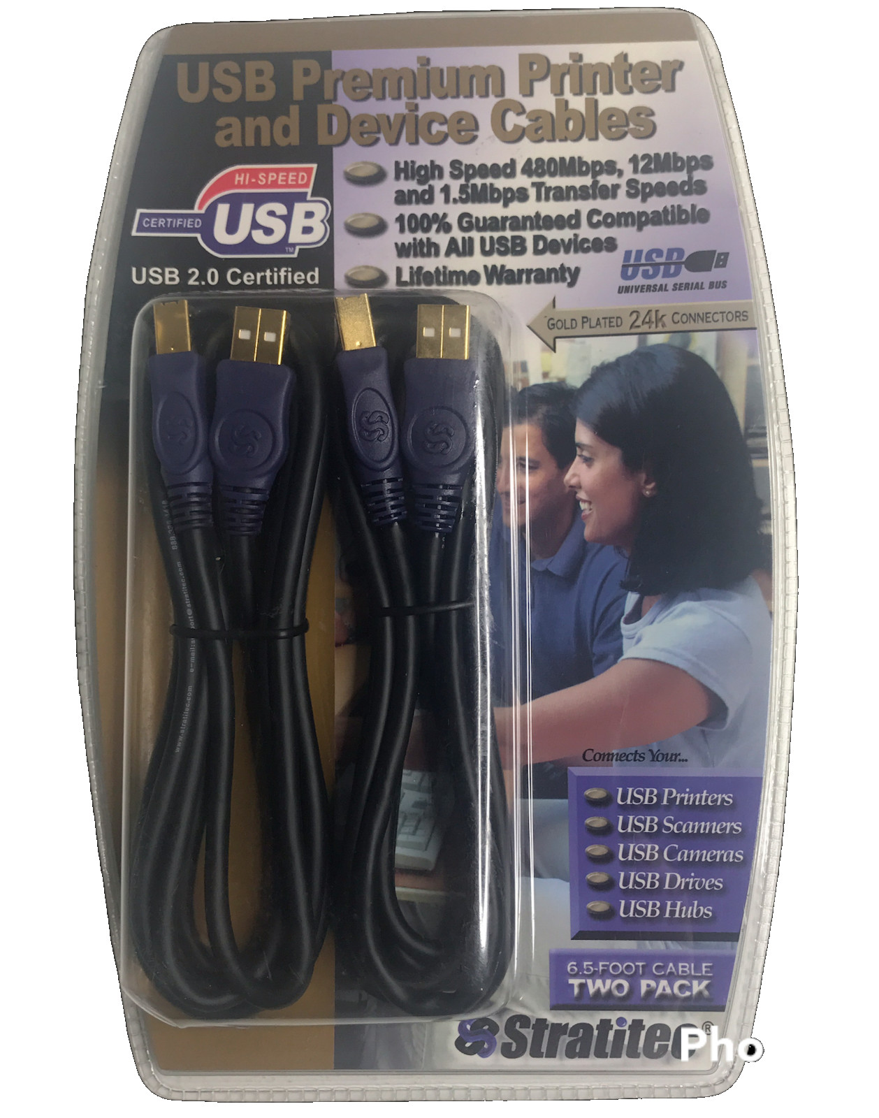 USB Premium Device High SPEED Cables 2 PACK Black Gold Plated 6.5 Foot STRATITEC