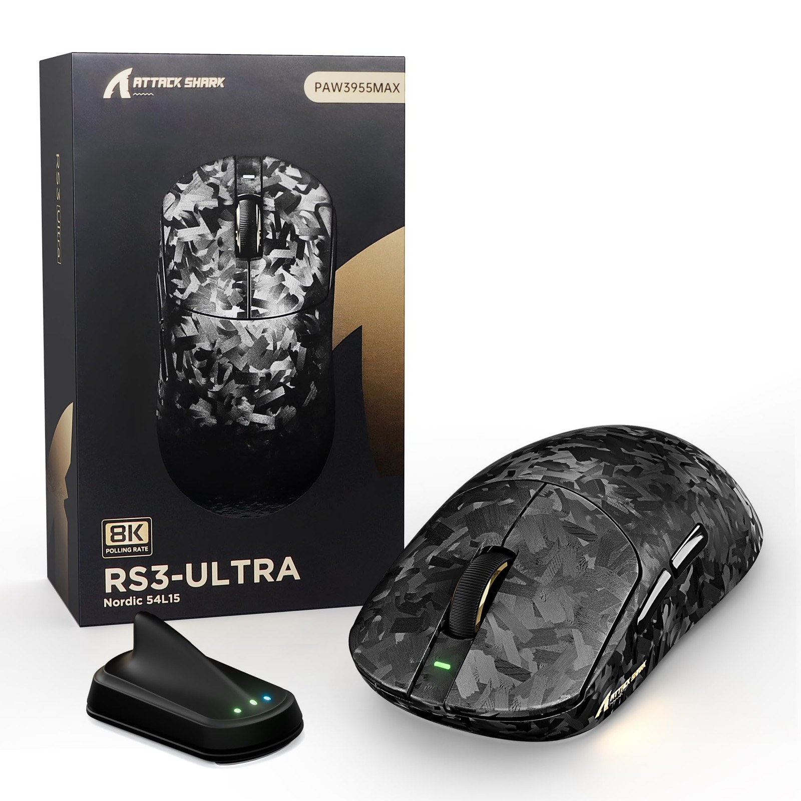 ATTACK SHARK RS3 ULTRA 8K Carbon-Fiber Wireless Gaming Mouse, Black | PAW3955...