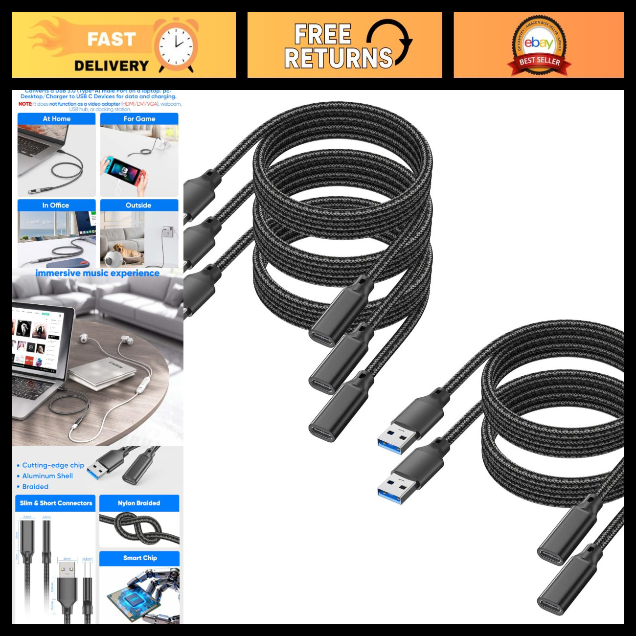5FT USB C to USB A Cable 5-Pack, 10Gbps Data Transfer, 60W Charging, USB 3.2 Gen
