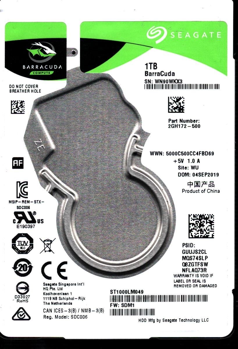 ST1000LM049 P/N: 2GH172-500 F/W: SDM1 S/N: WN90 WU 1TB SEP 2019 CHINA SEAGATE