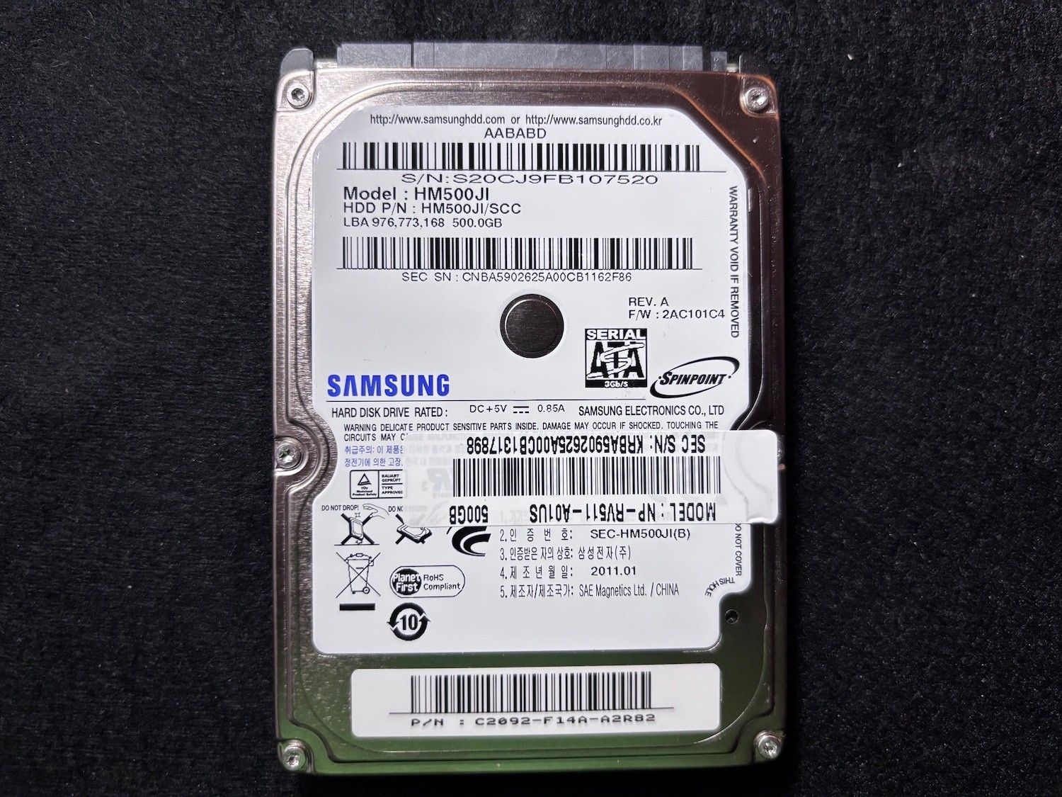 SAMSUNG HM500JI 500GB HDD NPRV511-A01US *PARTS ONLY* *DONOR*