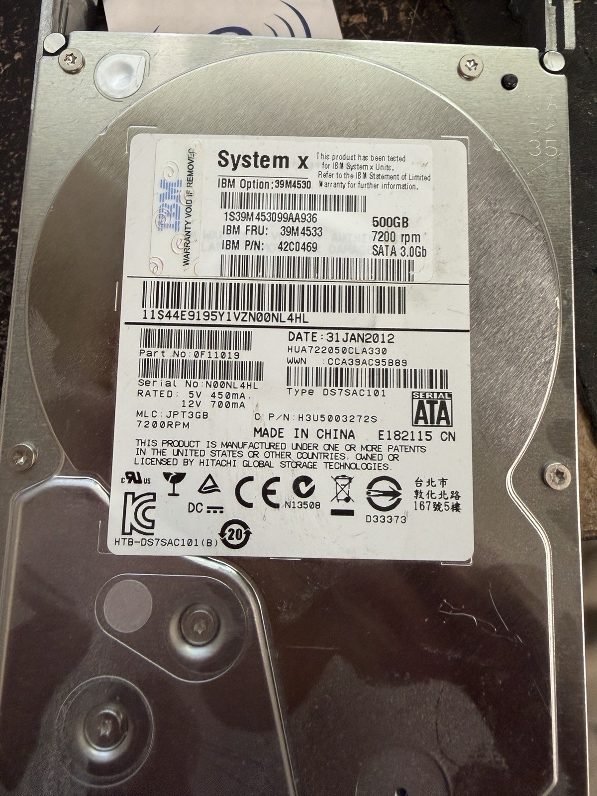IBM System X  # 39M4530 - 500GB 7200 RPM 3.0 GB/sec Hot-Swap HDD