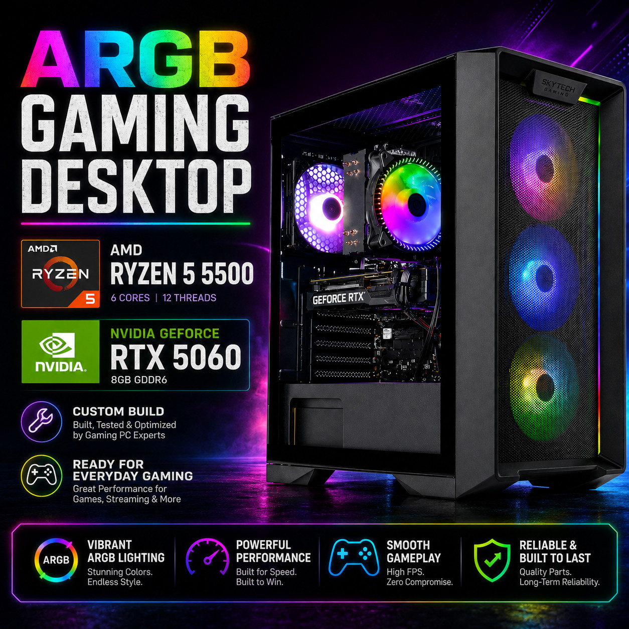 Custom Build ARGB Desktop Ryzen 5 5500 GAMING PC 32GB RAM 1TB SSD RTX 5060 Win11