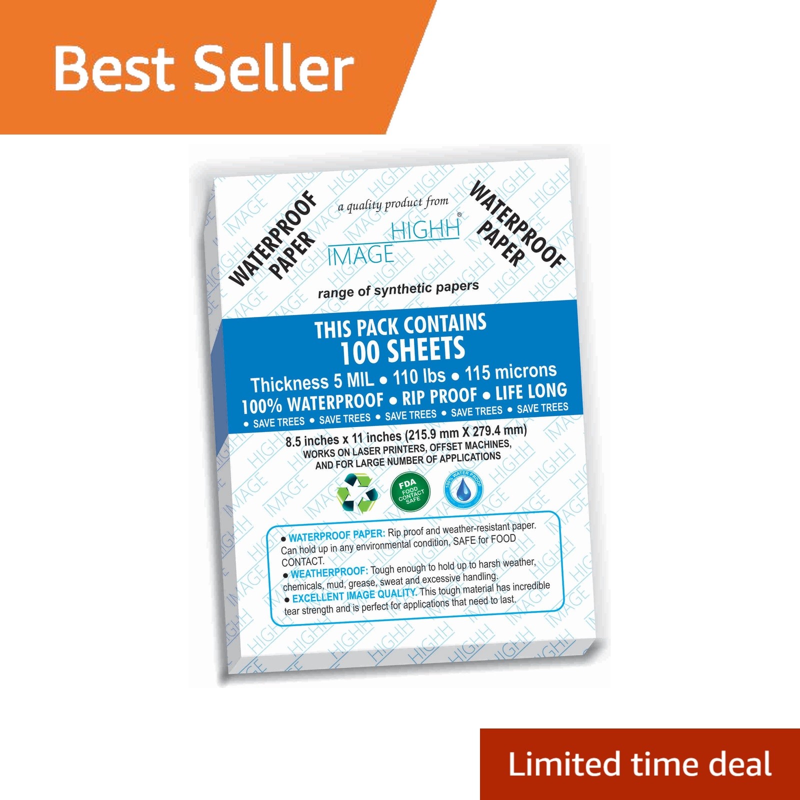 HIGHH IMAGE Waterproof Paper 8.5 x 11 - 100 Sheets