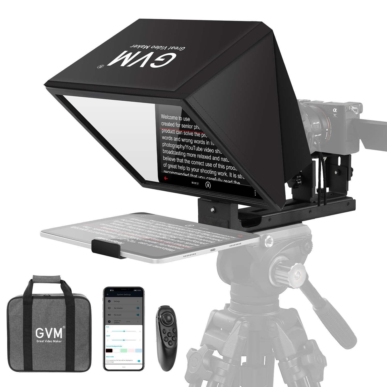 GVM 12" Teleprompter for iPad Tablet Phone DSLR Camera, 12inch, Black
