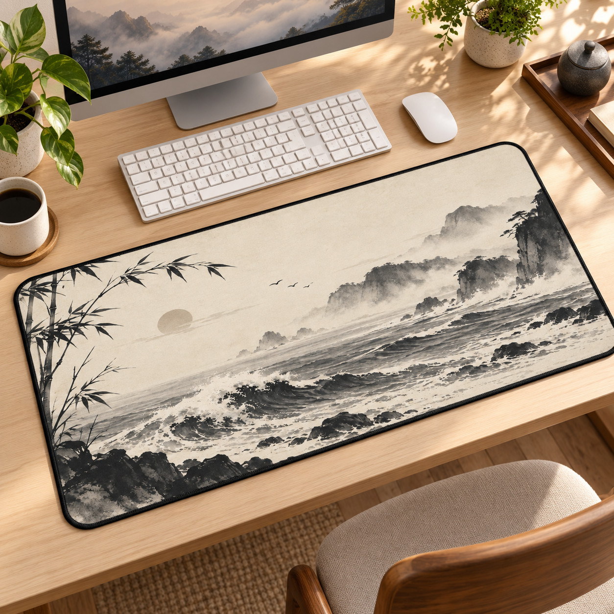Japanese Ink Wave Desk Mat, Zen Ocean Mouse Pad, Sumi-e Coastal Decor