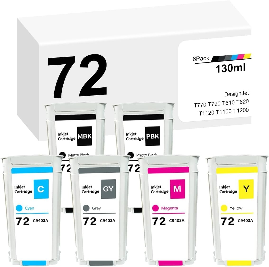 72 Ink Cartridges 6 Pack 130ml Replacement for HP DesignJet T610 T620 T770 T790