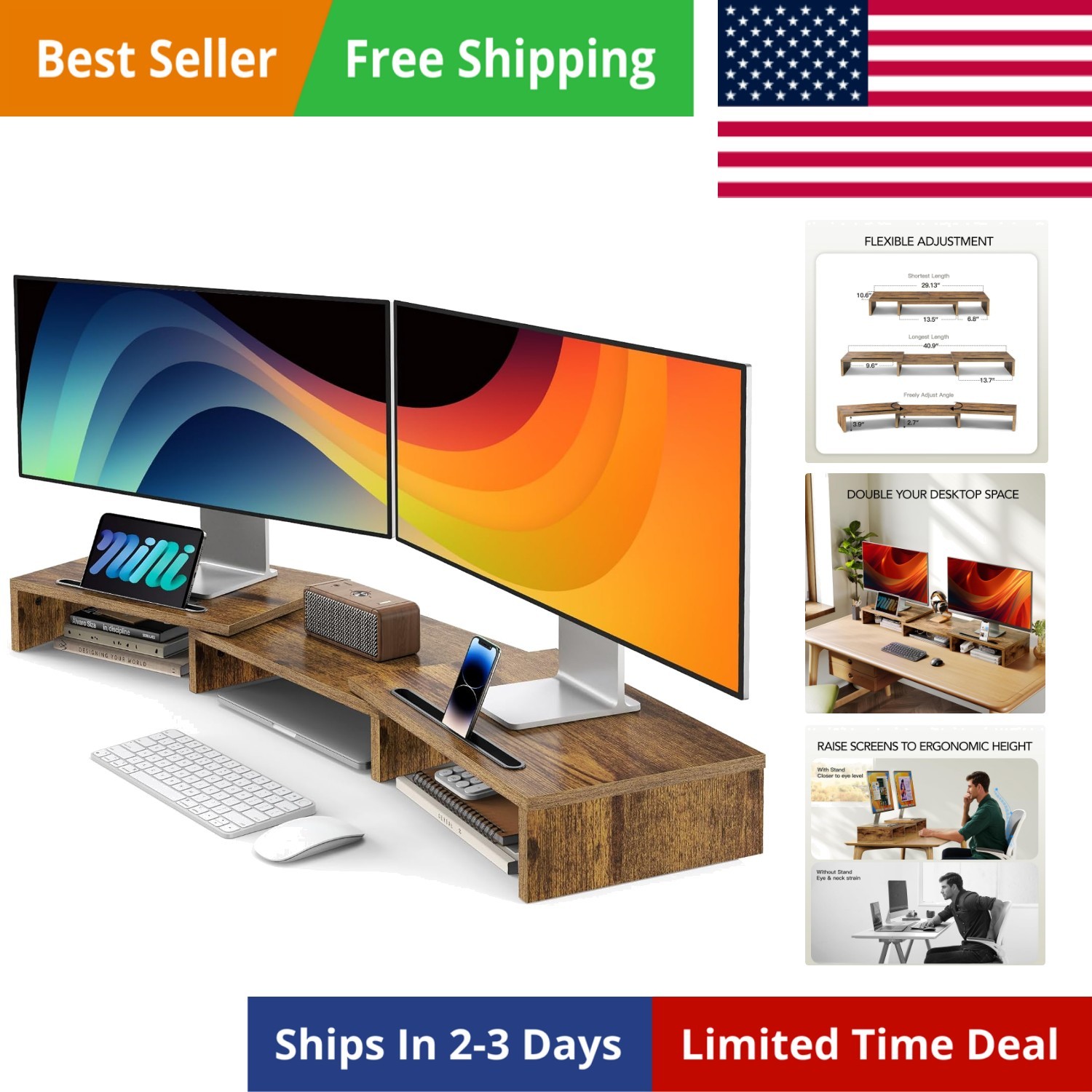 Dual Monitor Stand Riser- 3 Shelf Screen Stand with Adjustable Length and Ang...