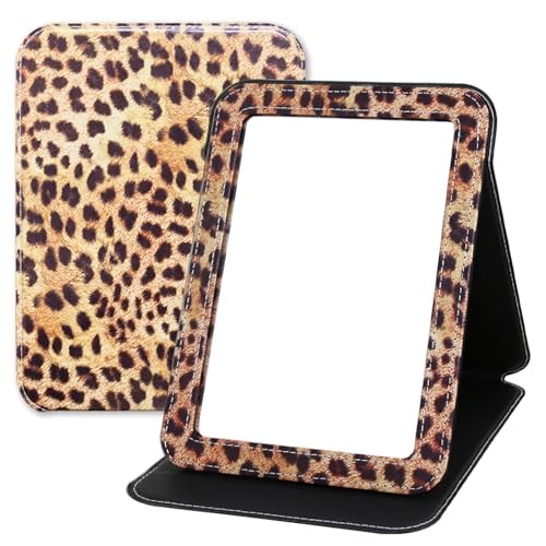 Foldable Travel Makeup Mirror, Portable PU Leather Standing Desk Leopard Print