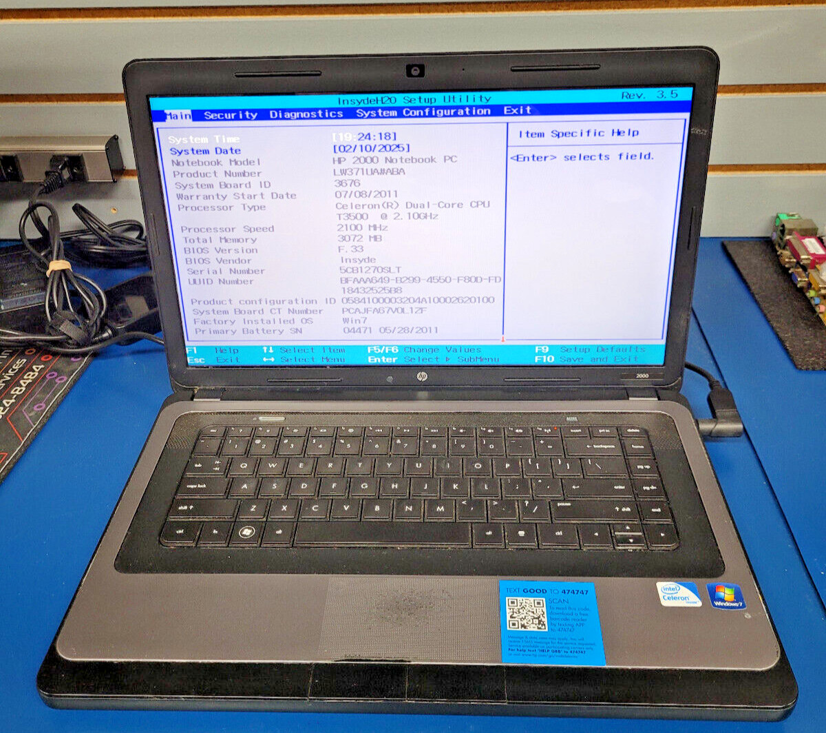 HP 2000-239WM Laptop-Intel Celeron T3500 3GB RAM  Windows 10 Read Carefully
