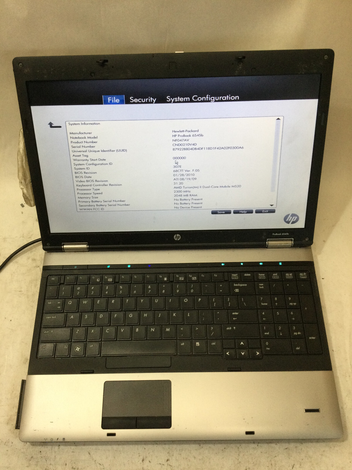 HP PROBOOK 6545B - BOOTS TO BIOS - AMD TURION 2 - 2GB RAM - READ DESCRIPTION -BB