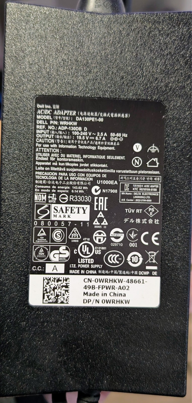 Genuine Dell 130W AC Adapter DA130PE1-00 19.5V 6.7A WRHKW Laptop Power Supply Ch