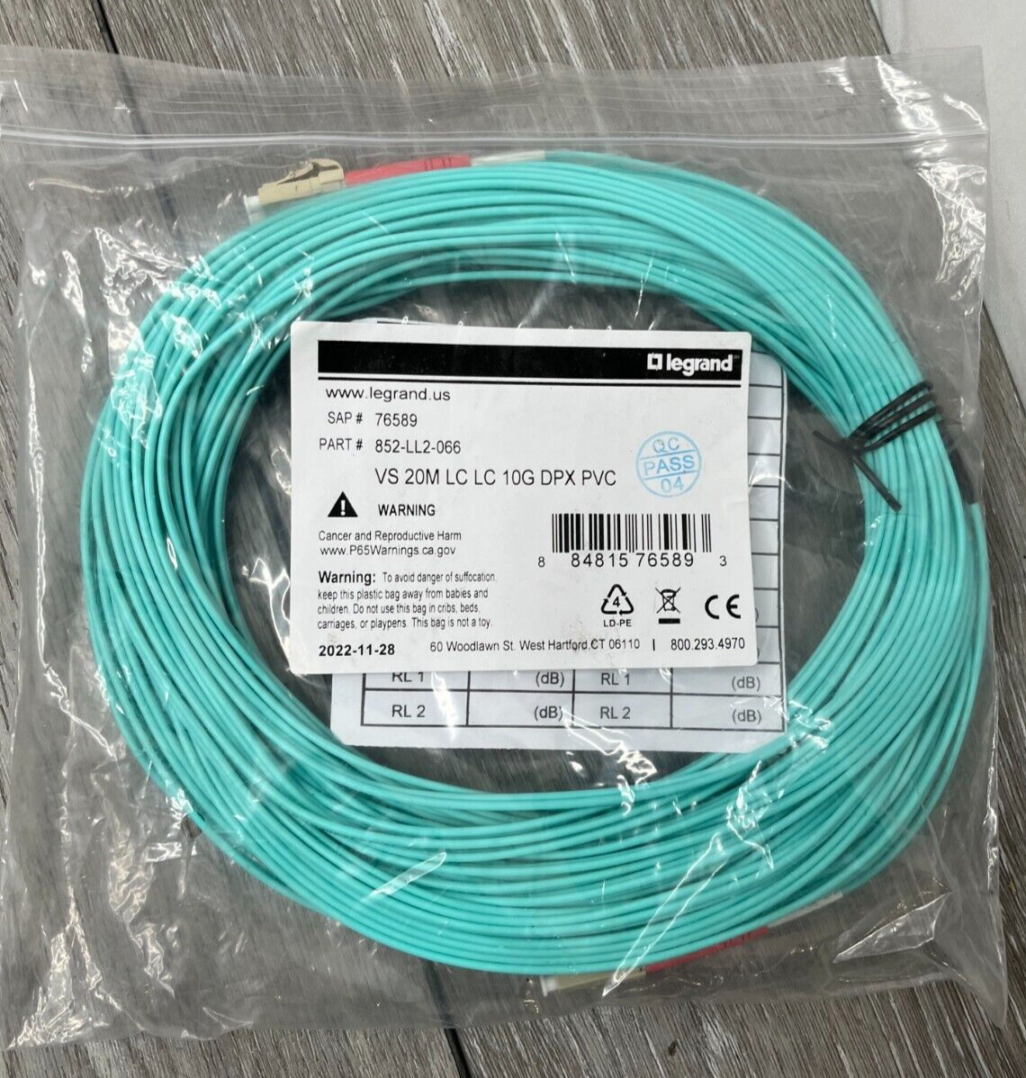 Legrand 852-LL2-066 VS 20M LC LC 10G DPX PVC Fiber Optic Cable, Aqua 20 Meters