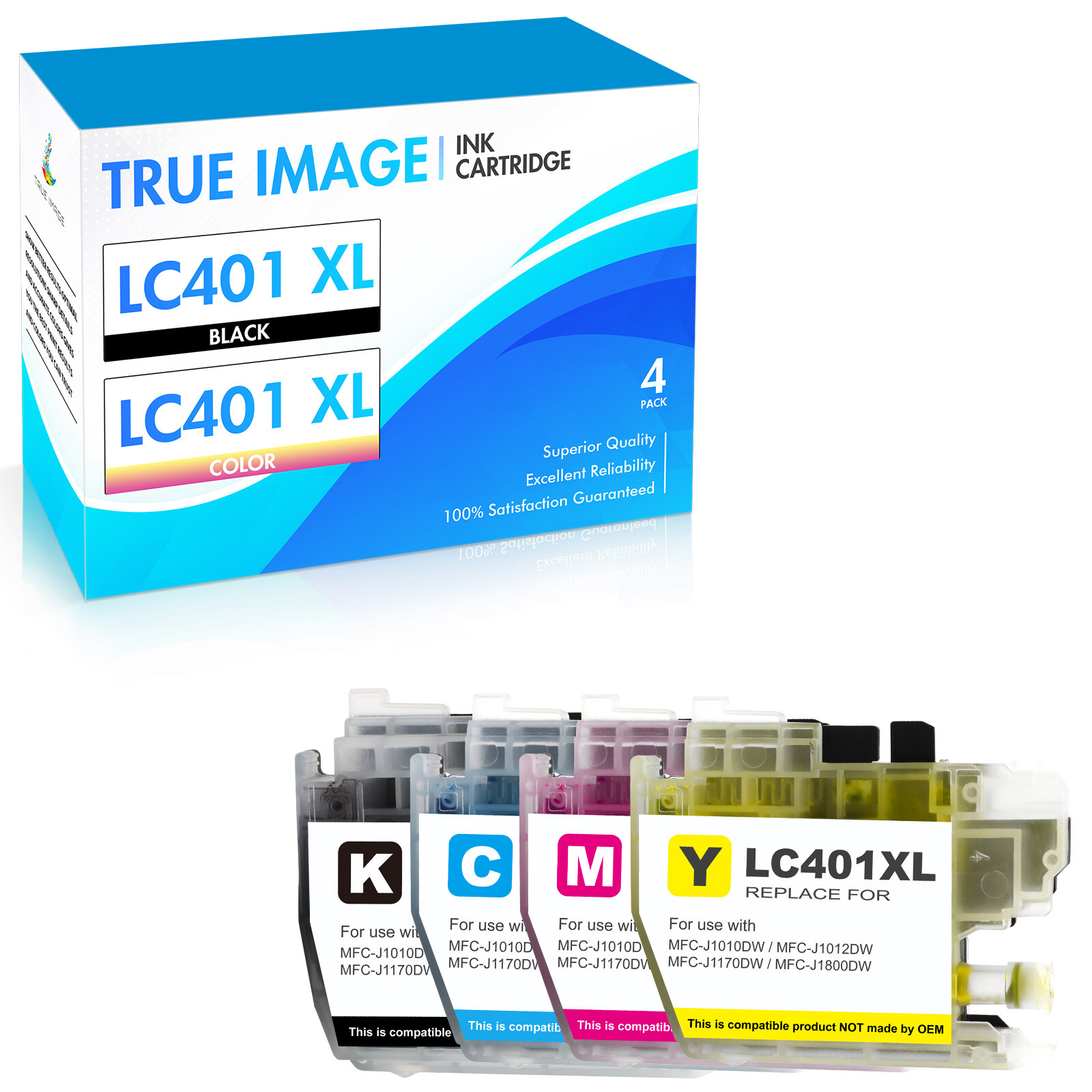 4Pc LC401 XL BCMY Ink Cartridge compatible for Brother MFC-J1010DW MFC-J1012DW