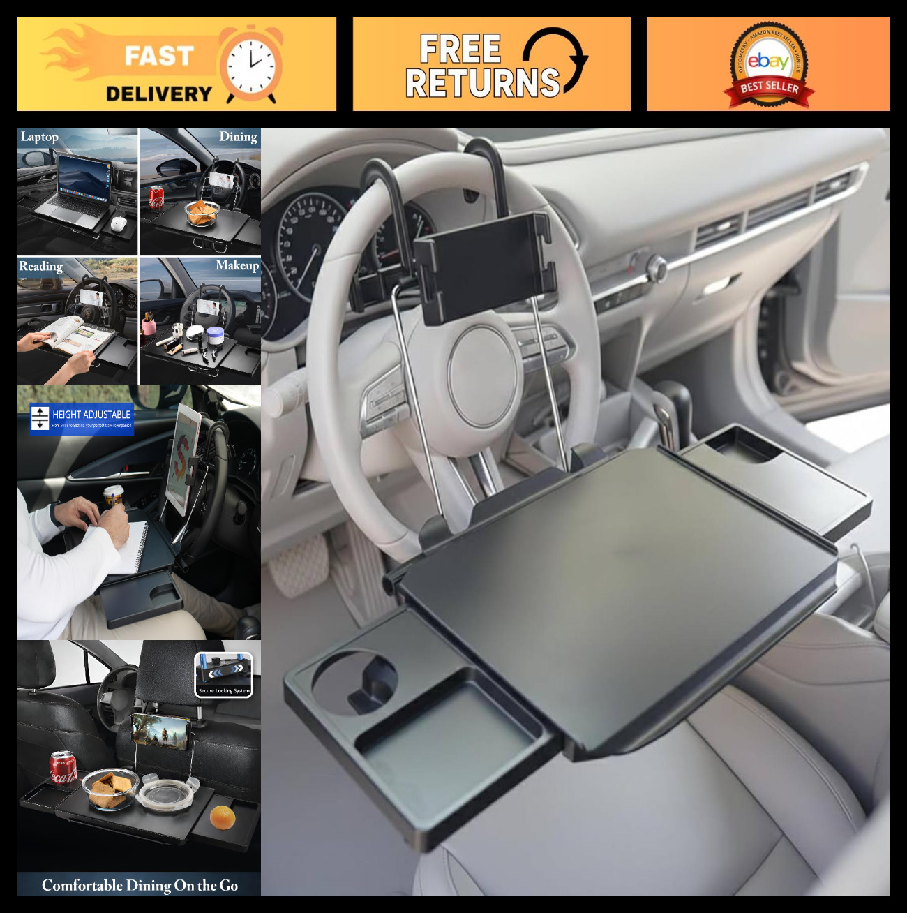2-in-1 Adjustable Car Steering Wheel Tray & Desk for Laptop, Food & Phone Holder