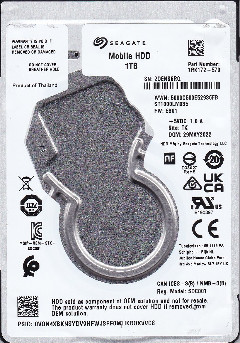 ST1000LM035 p/n: 1RK172-570 s/n: ZDE fw: EB01 TK MAY 2022 1TB 2.5" SATA SEAGATE