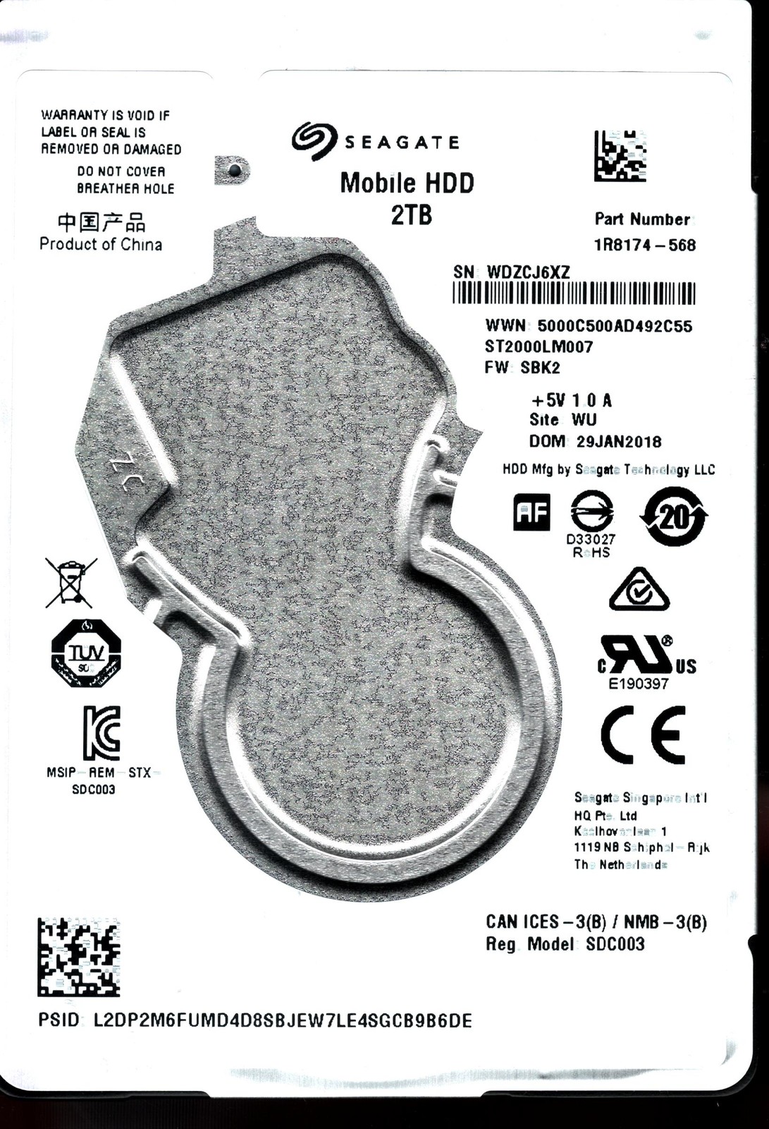 ST2000LM007 P/N: 1R8174-568 F/W: SBK2 S/N: WDZCJ 2TB JAN 2018 CHINA SEAGATE