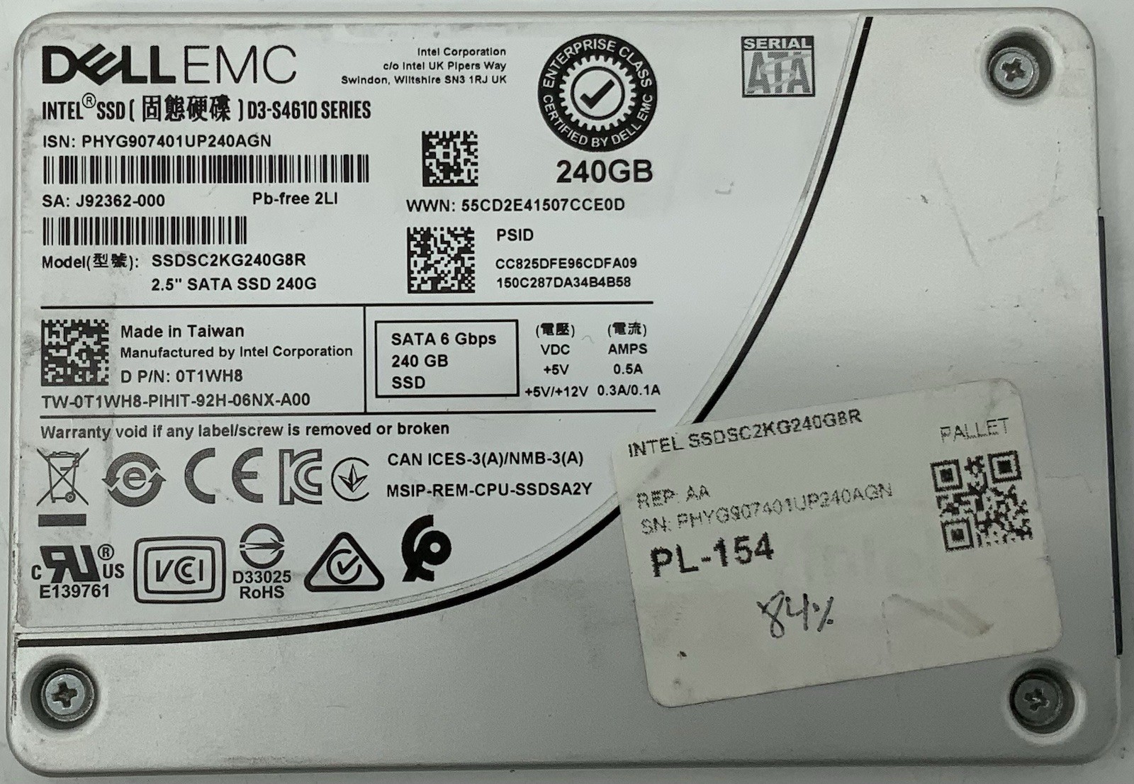 Dell T1WH8 Intel 240GB D3-S4610 2.5" SATA III 6G 3D2 TLC SSD SSDSC2KG240G8R 84%