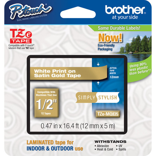 Brother TZeMQ835 12mm white on satin gold TZ tape PTH100 PT H100 D200 H300 D400
