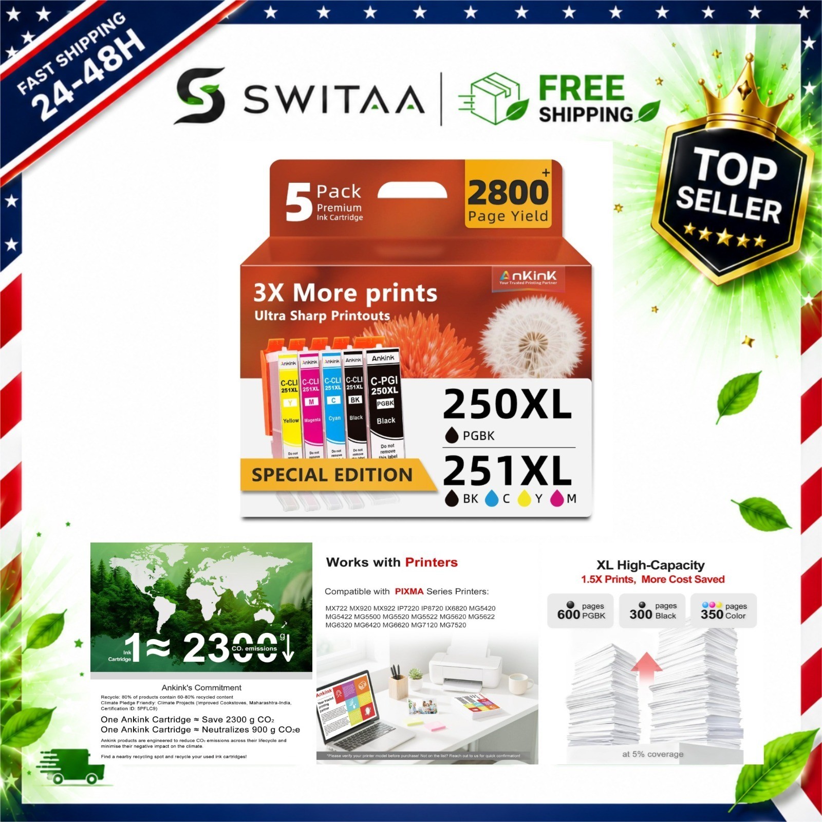 Ankink 250 251 Ink Cartridges Combo Pack for Canon PGI-250XL CLI-251XL 5-Pack