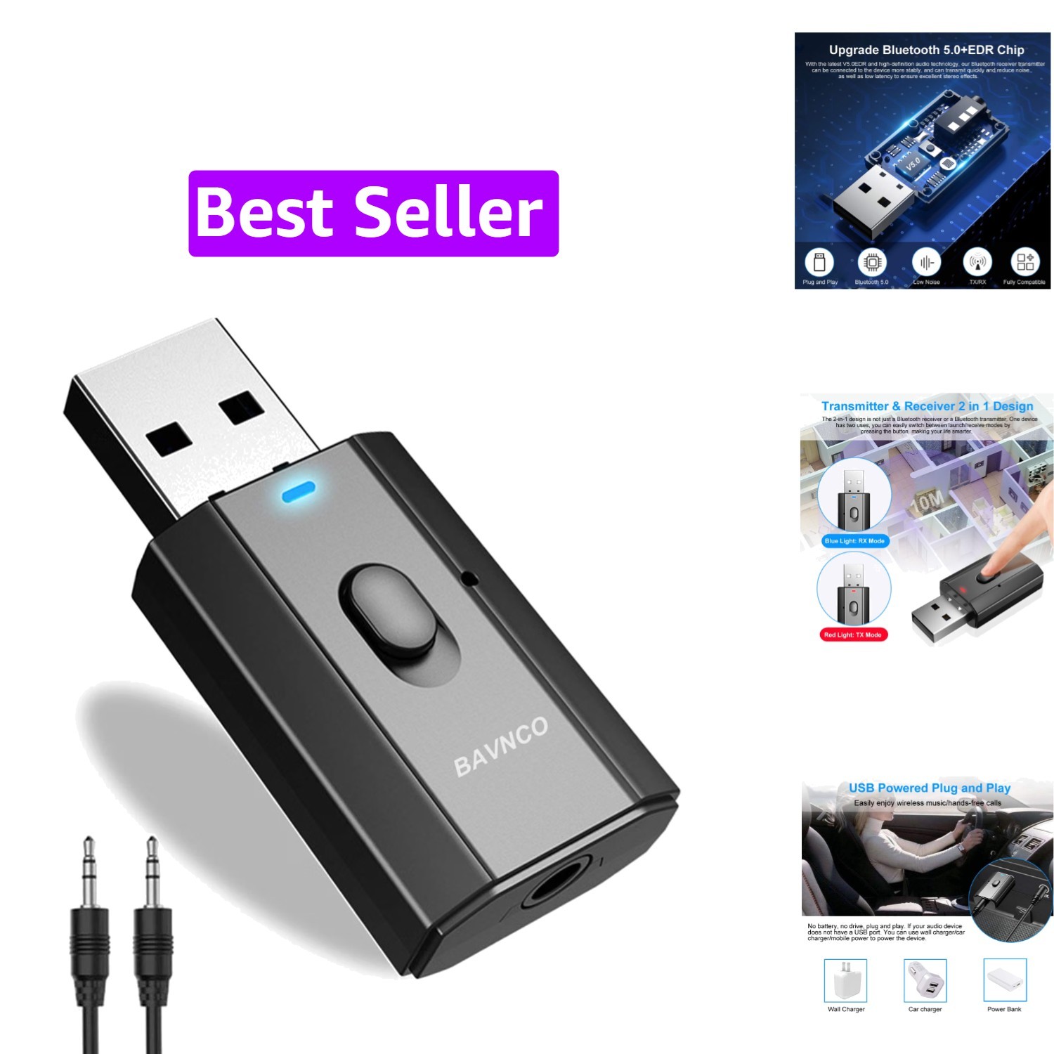 Bluetooth Car Adapter, Mini Bluetooth 5.0 Stereo Transmitter Receiver, Wirele...