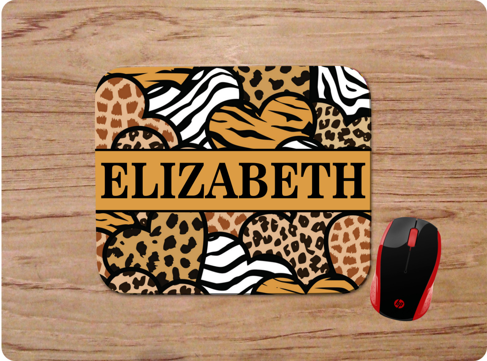PERSONALIZED W/ NAME - ANIMAL PRINT HEARTS - CUSTOM MOUSE PAD DESK MAT - NONSLIP