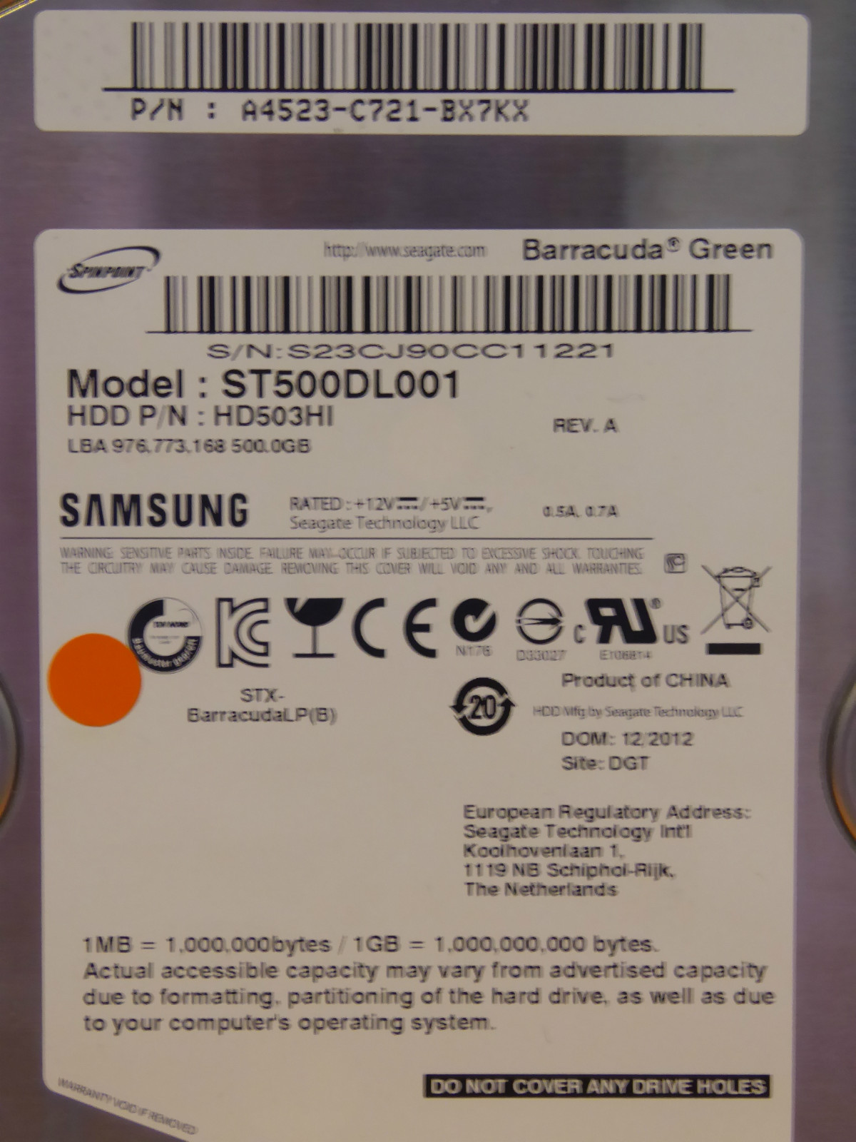 Samsung HD503HI ST500DL001 / P/N: A4523-C721-BX7KX / 12.2012 DGT - 500GB