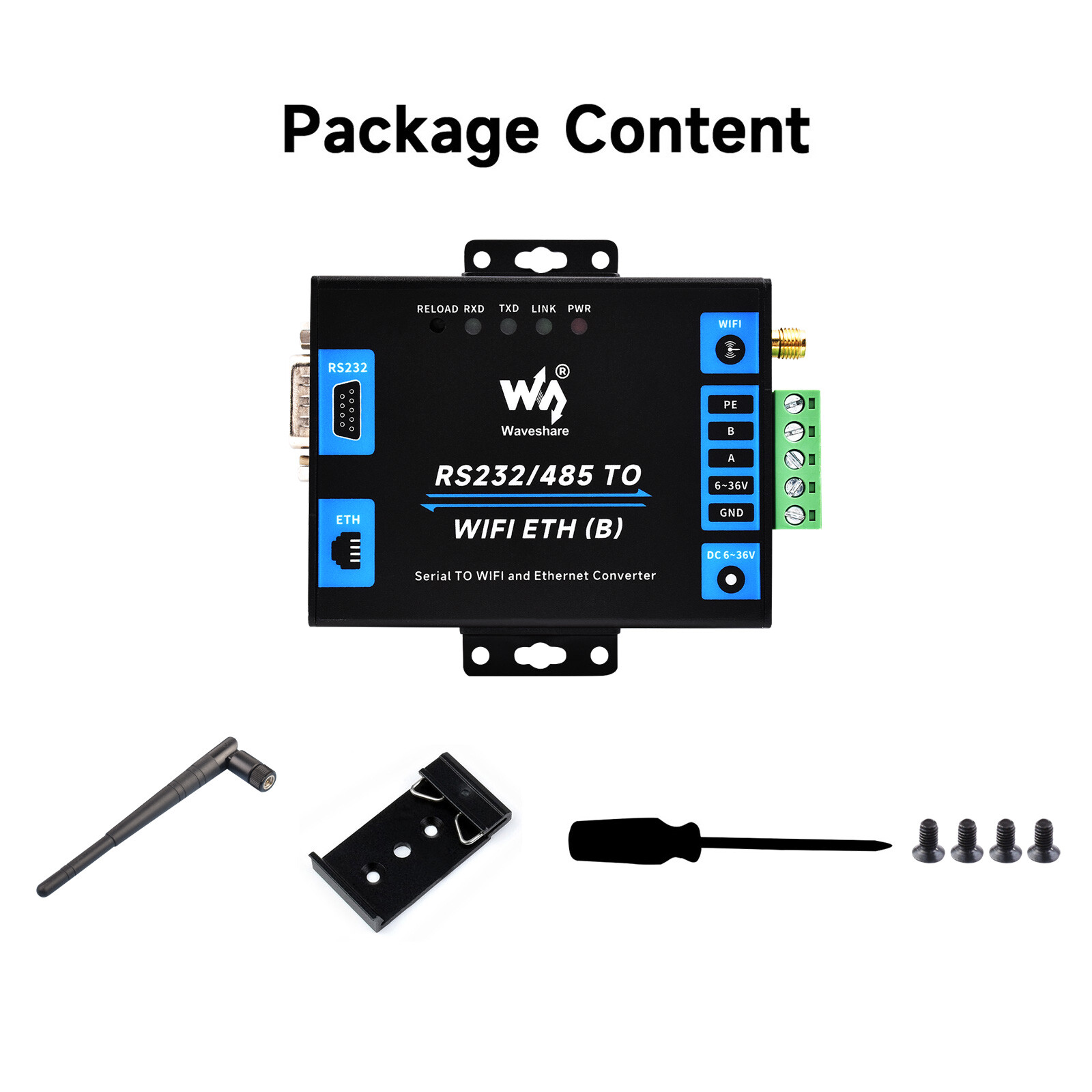 Waveshare Industrial Grade Serial Server RS232/485 To WiFi Ethernet Modbus