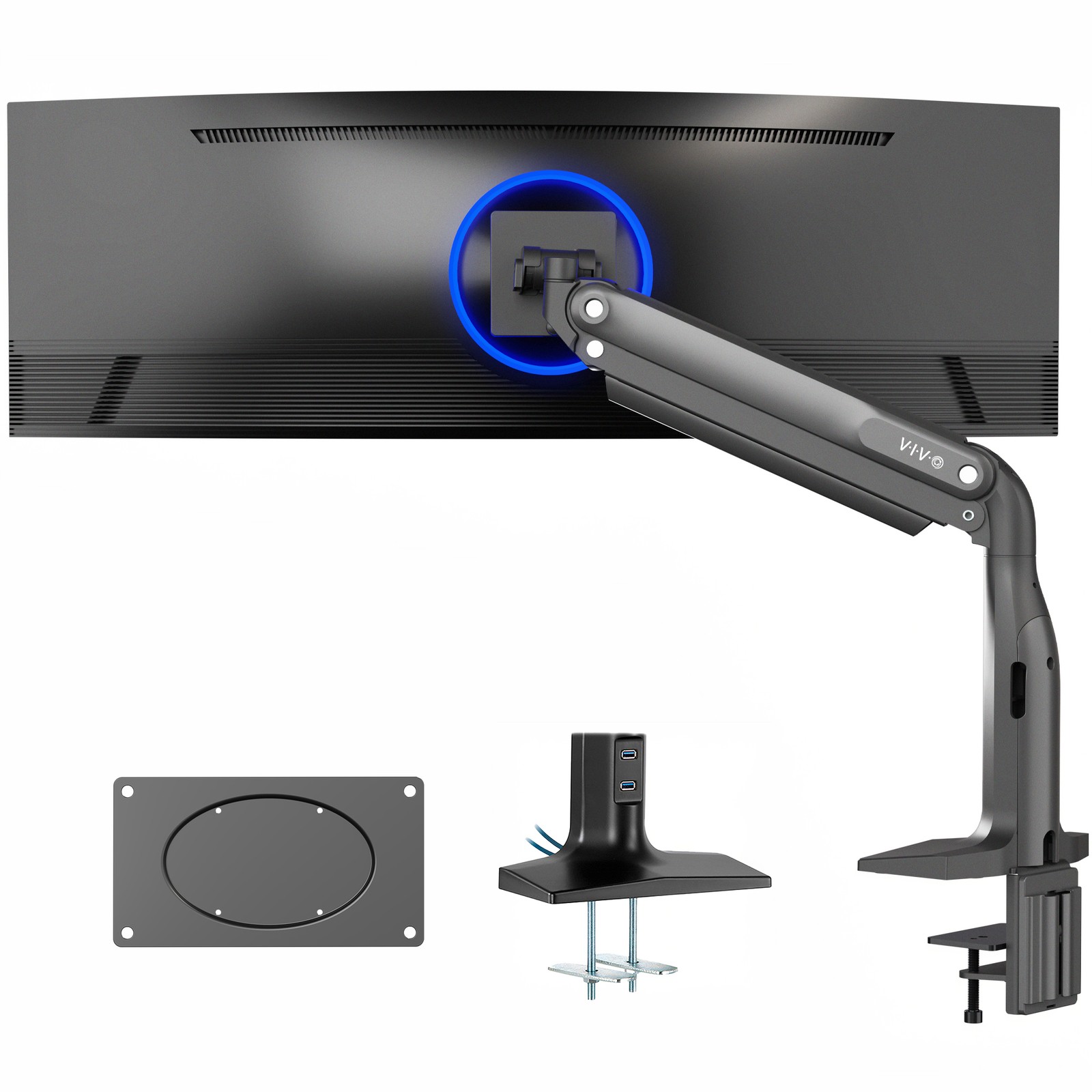 Single Ultra Wide Monitor Pneumatic Spring Desk Mount with USB, Max VESA 200x100