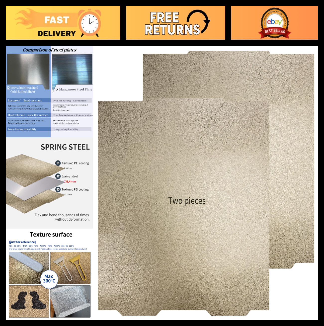 2 Pack Flexible Spring Steel PEI Build Plate 365x365mm Double-Sided Textured for