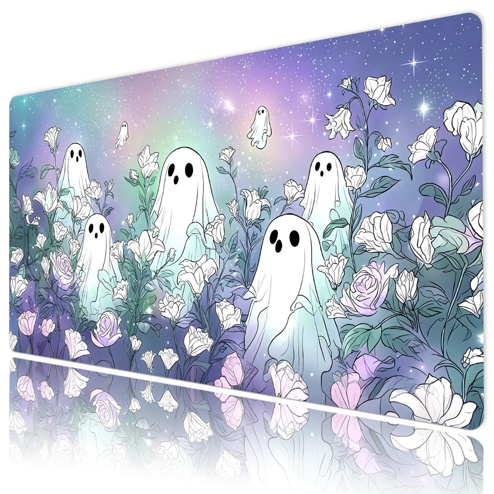White Floral Spooky Halloween Ghost Desk Mat for Keyboard and Mouse Desk Pad