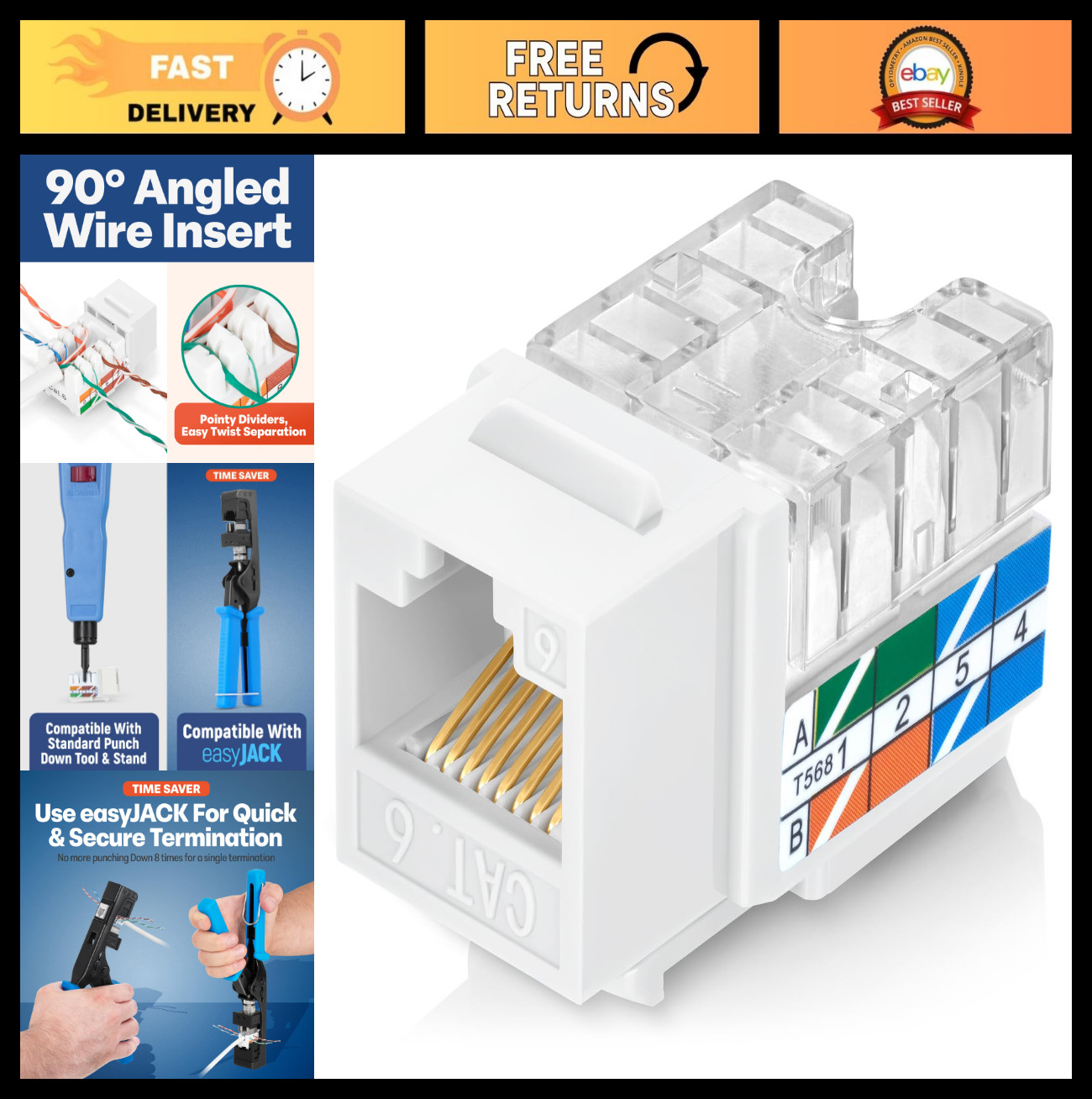 90° RJ45 Cat6 Keystone Jacks 50-Pack Slim Profile White | Easy Termination Tool